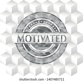 Motivated retro style grey emblem with geometric cube white background