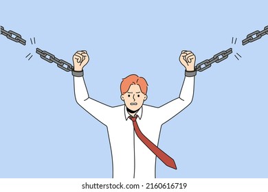 Motivated strong man break chains strive being free and independent. Powerful businessman reach independency and freedom. Self-employment concept. Vector illustration. 