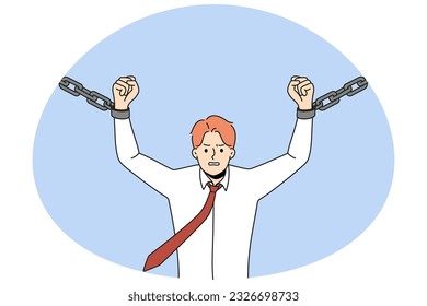 Motivated strong man break chains strive being free and independent. Powerful businessman reach independency and freedom. Self-employment concept. Vector illustration.