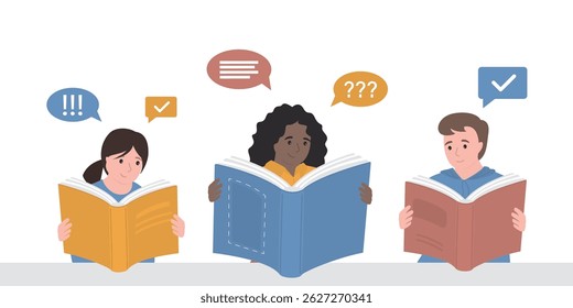 Alunos motivados sentados à mesa e lendo livros. Desenhos animados de personagens multiétnicos estudando literatura juntos. Biblioteca, aula, tempo de leitura. Interessante educação. ilustração vetorial