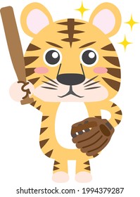 Motivated tiger with baseball bat and ball