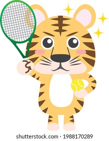 Motivated tiger with tennis racket and ball