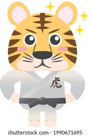 A motivated tiger wearing a dogi, the word "tiger" is written in Japanese on the chest