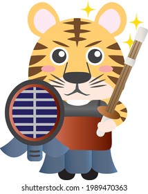 A motivated tiger wearing a kendo suit and holding a bamboo sword