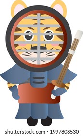 A motivated tiger wearing a kendo suit and holding a bamboo sword