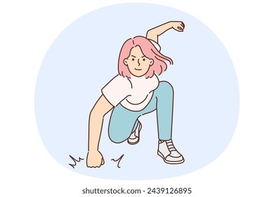 Motivated woman on race start. Smiling powerful girl start run, show strength and power. Leadership and motivation. Vector illustration.