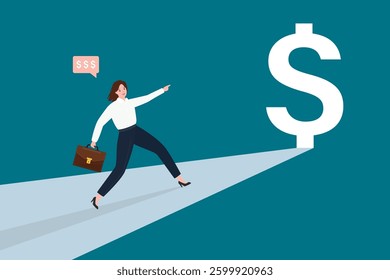 Motivated woman running and found profit. Ambitious businesswoman sees illuminated dollar sign door. Earnings, promotion, career ladder to success. Opportunity, new goals for development. flat vector