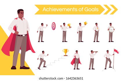 Motivated worker aiming for success flat vector illustrations set. Happy businessman celebrating goals achievement isolated cartoon one character kit. Professional superpowers and competencies