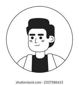 Motivated young asian man monochrome flat linear character head. Optimistic brunette. Editable outline hand drawn human face icon. 2D cartoon spot vector avatar illustration for animation