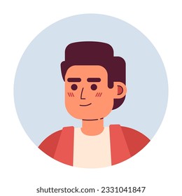 Cabeza de personaje vector semi-plana de hombre joven y motivado. Brunette optimista. Icono de avatar de caricatura editable. Enfrentar la emoción. Ilustración de puntos coloridos para diseño gráfico web, animación