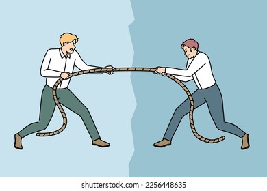 Motivated young male employees pulling rope compete for leadership at workplace. Mad men rivals or competitors fight for authority. Rivalry. Vector illustration. 