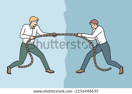 Motivated young male employees pulling rope compete for leadership at workplace. Mad men rivals or competitors fight for authority. Rivalry. Vector illustration. 