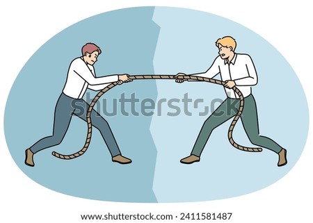 Motivated young male employees pulling rope compete for leadership at workplace. Mad men rivals or competitors fight for authority. Rivalry. Vector illustration.