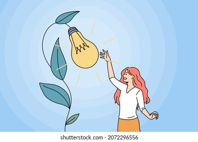 Motivated young woman grow creative business idea, caress lightbulb come from flower. Happy girl brainstorm develop strategy or startup. Creativity, inspiration. Vector illustration. 