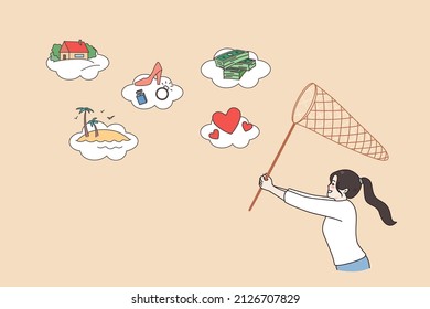 Motivated young woman with net strive for goals achievement. Happy girl with sack run for aim or target accomplishments. Dream or plan, visualization concept. Flat vector illustration. 