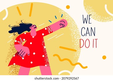 Motivated young woman raise hands up strive for career success or promotion. Happy confident female reach business goals or achievement. Win or victory, winner and leadership. Vector illustration. 