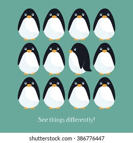 Motivating card with funny penguins. Vector illustration in trendy colors