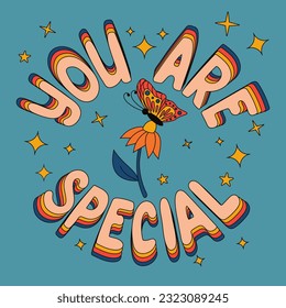 Composición tipográfica motivadora. Slogan de contorno aislado Usted es especial al estilo 3d plano. Texto y margarita con mariposa sobre fondo azul con estrellas. Adecuado para la impresión de camisetas, pancarta.