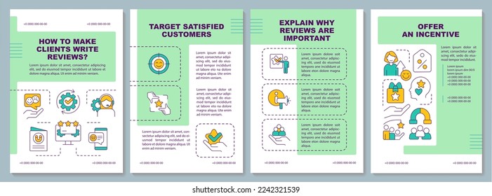 Motivating clients to leave feedback green brochure template. Incentive. Leaflet design with linear icons. Editable 4 vector layouts for presentation, annual reports. Arial, Myriad Pro fonts used