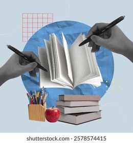 A motivating collage showing two hands writing in an open book above a stack of books with an apple and colorful stationery, perfect for educational and study themes.