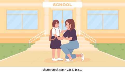 Motivating first grader flat color vector illustration. Mom with little daughter. Fully editable 2D simple cartoon characters with educational building exterior on background. Archivo Black font used