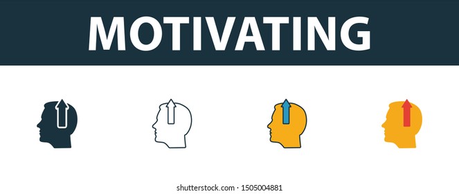 Motivating icon set. Four elements in diferent styles from soft skills icons collection. Creative motivating icons filled, outline, colored and flat symbols.