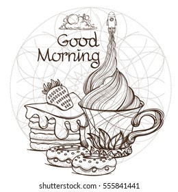 Motivating illustration with the phrase: Good morning. Outline sketch for the painting with a mug of coffee and a slice of cake and a space rocket.