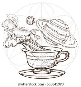 Motivating illustration with the phrase. Outline sketch for the painting with a mug of coffee, whale and planets. Picture for design of posters, T-shirts and a variety of gifts.
