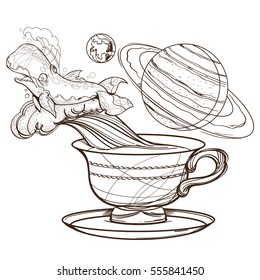 Motivating illustration with the phrase. Outline sketch for the painting with a mug of coffee, whale and planets. Picture for design of posters, T-shirts and a variety of gifts.