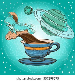 Motivating illustration with the phrase. Outline sketch for the painting with a mug of coffee, whale and planets. Picture for design of posters, T-shirts and a variety of gifts.