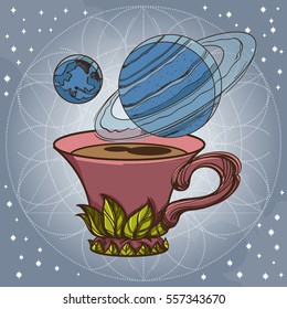 Motivating illustration with the phrase. Outline sketch for the painting with a mug of coffee and planets. Picture for design of posters, T-shirts and a variety of gifts.