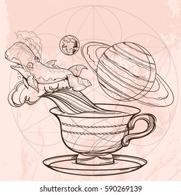 Motivating illustration with the phrase. Outline sketch for the painting with a mug of coffee, whale and planets. Picture for design of posters, T-shirts and a variety of gifts.