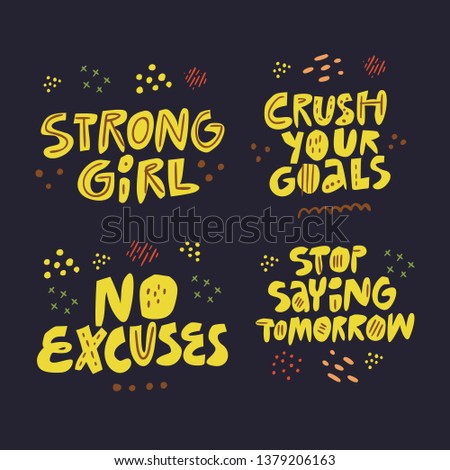 Motivating slogan hand drawn flat lettering set. Inspiring handwritten yellow phrases, quotes sketch drawing on black background. Positive lifestyle, strong willpower. Poster, t shirt design