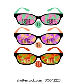 Motivating text "Reasons to be creative"on glasses with abstract geometric triangles. vector background.