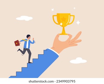 Motivation to achieve goal concept. Effort and ambition to reach target. Small win to motivate employee to succeed in work, businessman run with full effort to reach trophy cup in giant hand.