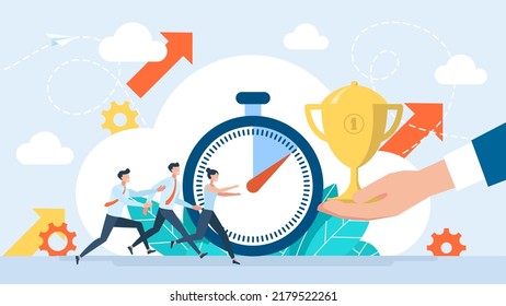Motivation to achieve goal. Winners Cup. Running people. Finish Line. Business People run race. Team leader finish first. Achieve Goal. Win Concept. Way to Victory. Business Illustration. Vector