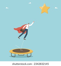 Вesire and motivation to achieve a high result in work or study, use new opportunities to achieve goals, desire to move up the career ladder and receive awards, man on a trampoline jumps to the star.