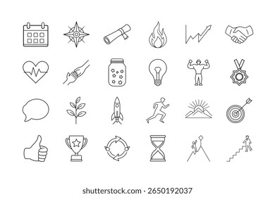 Motivation, Achievement, and Success Icons Set Featuring Fitness, Growth, Goals, Awards, Progress, and More, Vector Illustration Editable Stroke.