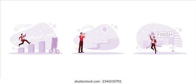 Motivation for action, a Businessman standing at the start of the road and looking into the telescope crosses the finish line with a trophy. Path to promotion concept.