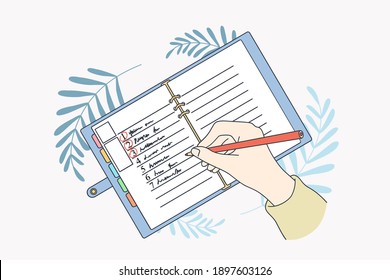 Motivation And Aiming For New Life Concept. Human Hands Making List Of Resolutions For Starting New Life Writing In Planner And Making Notes Vector Illustration, Top View 