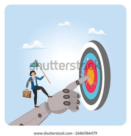 Motivation and anticipation to win concept.  Setting goal and focus on target, businesswoman holds a flag while walking on a robotic hand pointing at a target.