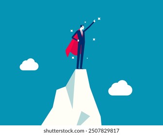 Motivation or aspiration to achieve goal. Ambition to success, victory or career growth, challenge or aiming. successful businessman superhero pointing finger up on mountain peak. Success concept