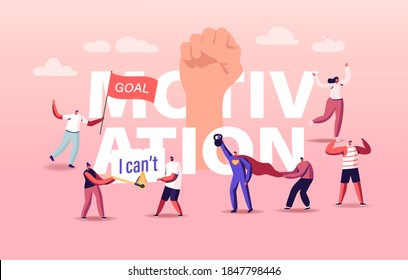 Motivation and Aspiration Concept. Characters Overcome Obstacles, Goal Achievement, Take New Heights. Human Inner Resources, Huge Raised Fist Poster Banner Flyer. Cartoon People Vector Illustration