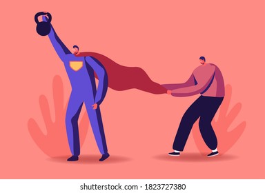 Motivation and Aspiration Concept. Male Character in Super Hero Costume Raising Heavy Bob Overcome Obstacles. Goal Achievement, New Heights. Human Inner Resources. Cartoon People Vector Illustration