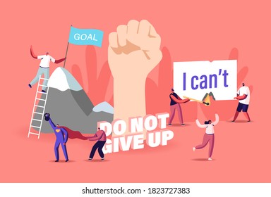 Motivation and Aspiration Concept. Tiny Characters Overcome Obstacles, Climbing on Rock, Goal Achievement, Take New Heights. Human Inner Resources, Huge Raised Fist. Cartoon People Vector Illustration