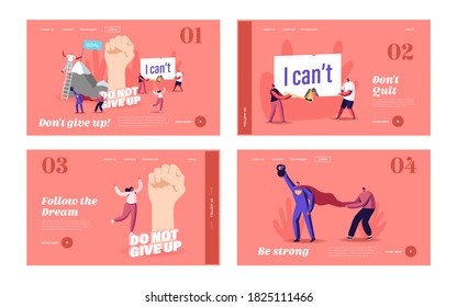 Motivation and Aspiration Landing Page Template Set. Tiny Characters Overcome Obstacles, Climbing on Rock, Goal Achievement, Take New Heights. Human Inner Resources. Cartoon People Vector Illustration