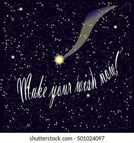Motivation banner Make your wish now on starry night sky, vector illustration