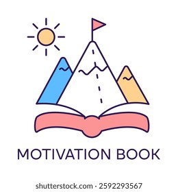 Motivation Book – Open Book with Mountains Symbolizing Inspiration and Personal Growth with Editable Stroke