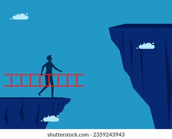 Motivation for business growth. businessman holding a ladder is about to climb over a high cliff