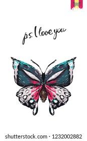 Motivation card with big tropical butterfly and quote: ps i love you. Hand drawn insect illustration in embroidery fashion style. Greeting card with beautiful bug on white background